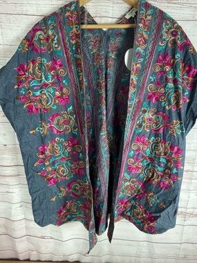 Umgee denim embroidered kimono-style top Jacket Sz M/L NWT Boho Hippie Festival